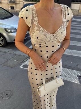 Camila Coelho Polka Dot Lace Satin Slip Dress Cream S NWT
